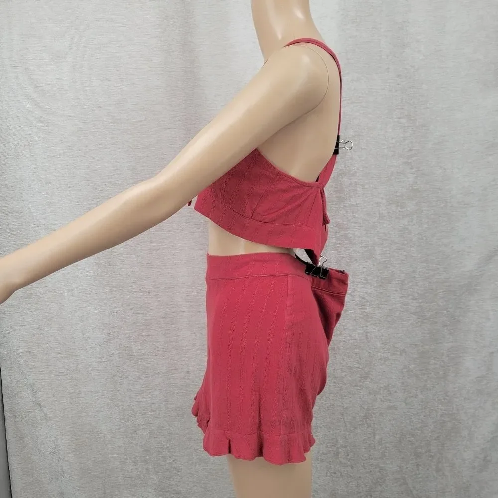 Cotton Red Two-Piece Knotted Tie Front Crop Top and Shorts Matching Set